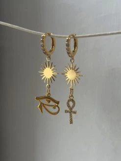 Gabi The Label Starburst Mismatched Pavé Huggies - Ankh/Eye Of Horus EARRINGS