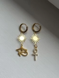 Gabi The Label Starburst Mismatched Pavé Huggies - Ankh/Eye Of Horus EARRINGS