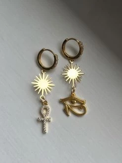 Gabi The Label Starburst Mismatched Pavé Huggies - Ankh/Eye Of Horus EARRINGS