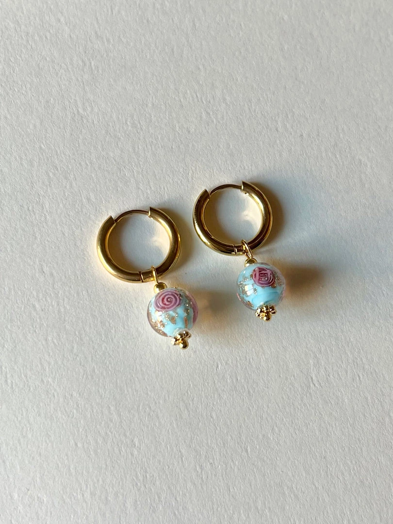 Gabi The Label EARRINGS Little Hoops With Eclectic Glass Beads - Aquamarine