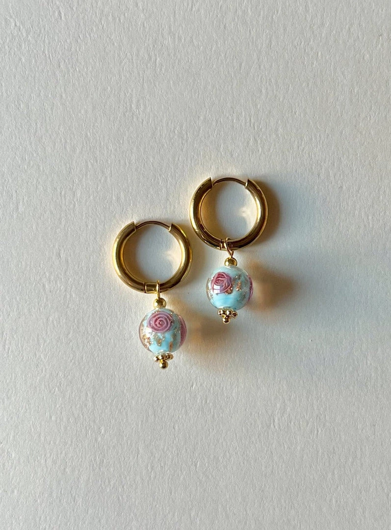 Gabi The Label EARRINGS Little Hoops With Eclectic Glass Beads - Aquamarine