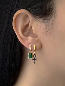 Gabi The Label Rectangular Gemstone Pavé Huggies - Emerald Green