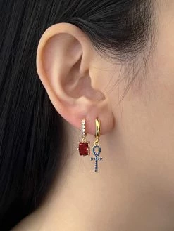 Gabi The Label Rectangular Gemstone Pavé Huggies - Garnet Red EARRINGS