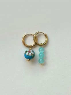 Gabi The Label Flower Cloisonne & Little Stone Mismatched Hoops - Blue EARRINGS