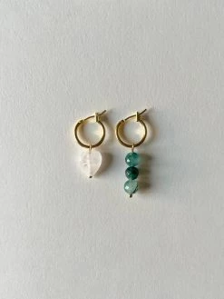 Gabi The Label Mismatched Stone Hoop Earrings - Clear Quartz/Green