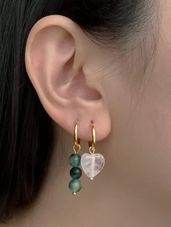 Gabi The Label Mismatched Stone Hoop Earrings - Clear Quartz/Green