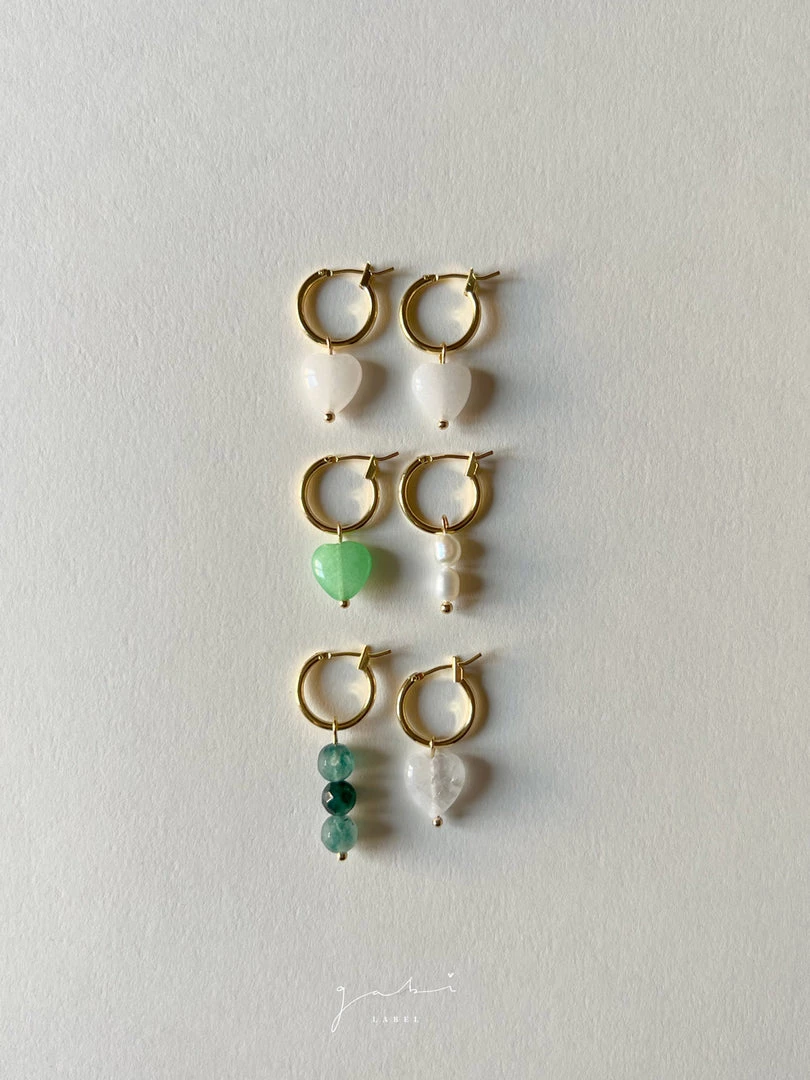 Gabi The Label Mismatched Stone Hoop Earrings - Green Jade/Pearls