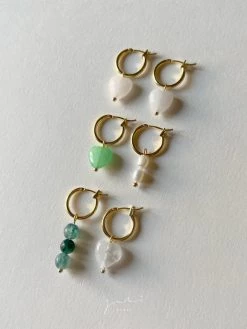 Gabi The Label Mismatched Stone Hoop Earrings - Green Jade/Pearls