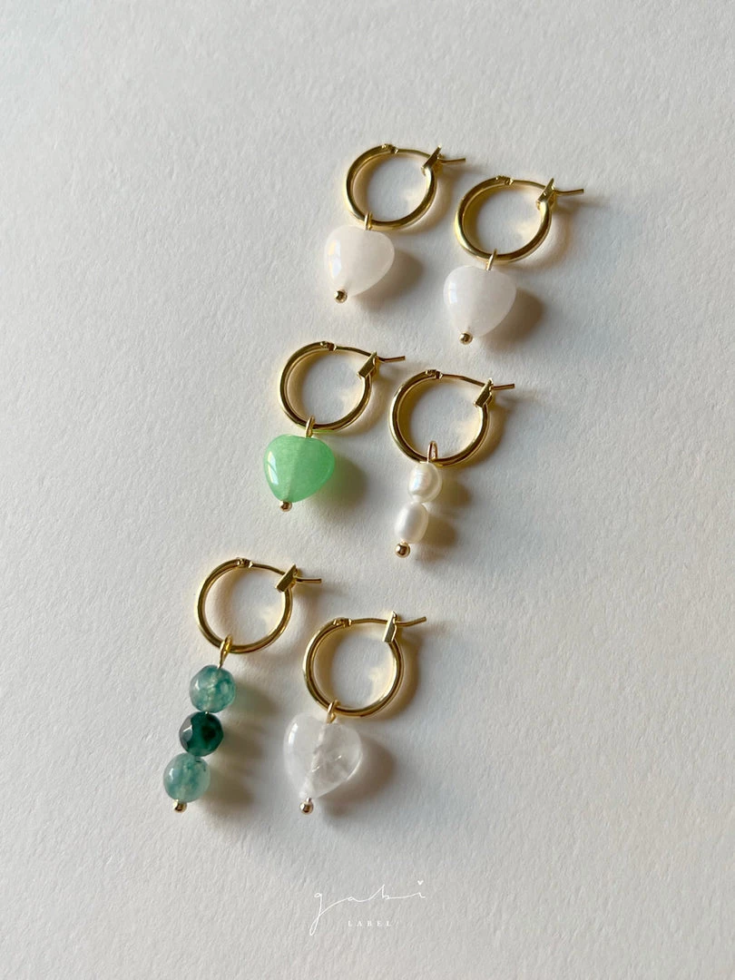 Gabi The Label Mismatched Stone Hoop Earrings - Green Jade/Pearls
