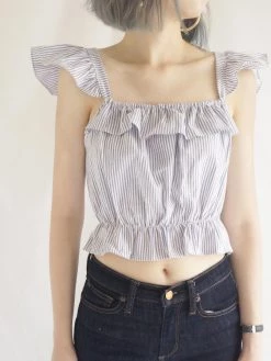 Gabi The Label Jackie Flutter Sleeves Top - Blue Stripes CLOTHING