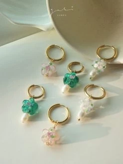 Gabi The Label Teal-Green Glass Flower & Pearl Hoop Earrings