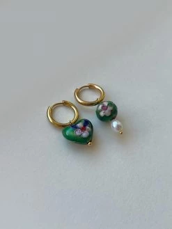 Gabi The Label EARRINGS Heart-shaped Green Flower Cloisonne Mismatched Hoops