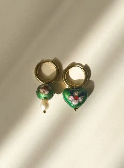 Gabi The Label EARRINGS Heart-shaped Green Flower Cloisonne Mismatched Hoops