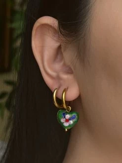 Gabi The Label EARRINGS Heart-shaped Green Flower Cloisonne Mismatched Hoops