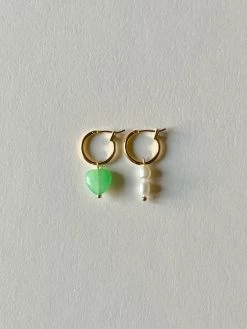 Gabi The Label Mismatched Stone Hoop Earrings - Green Jade/Pearls