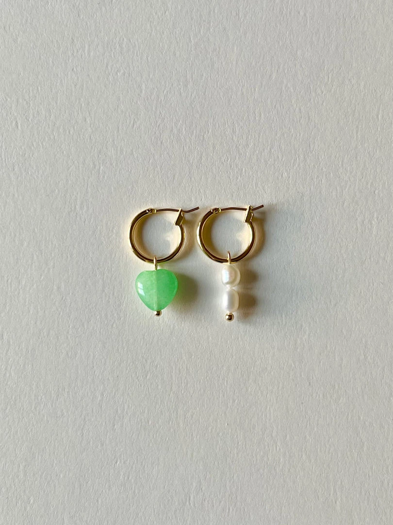 Gabi The Label Mismatched Stone Hoop Earrings - Green Jade/Pearls