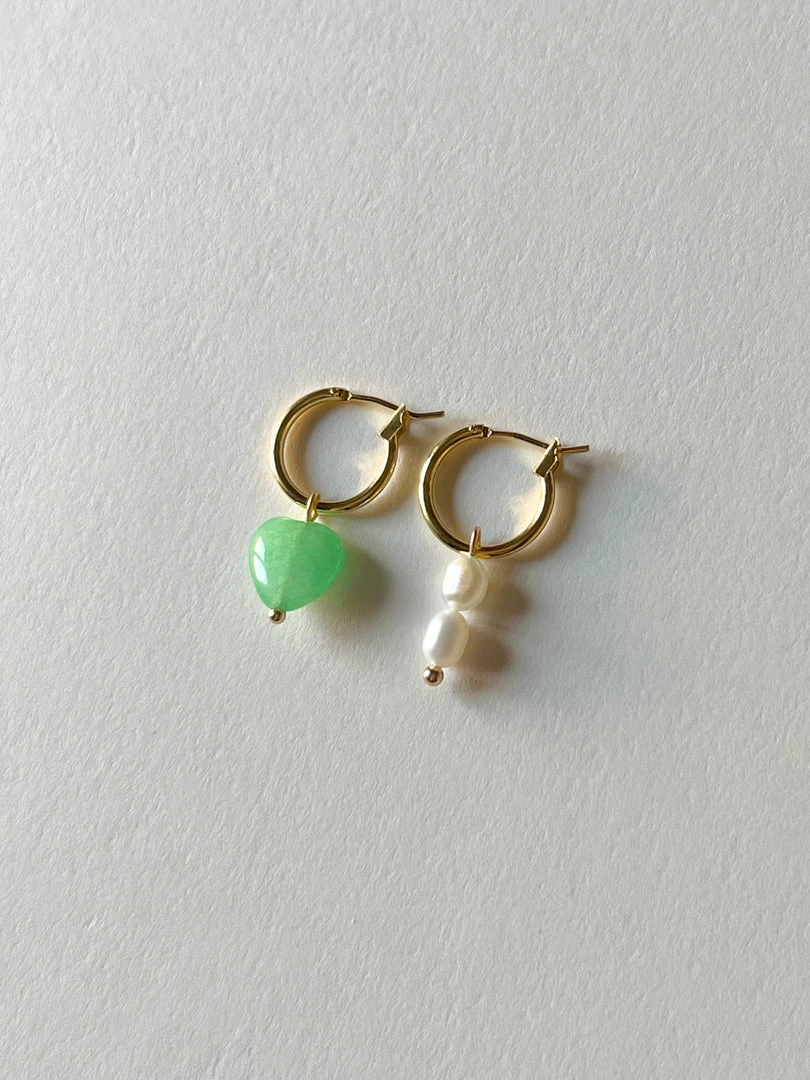 Gabi The Label Mismatched Stone Hoop Earrings - Green Jade/Pearls