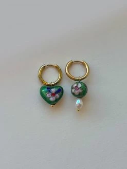 Gabi The Label EARRINGS Heart-shaped Green Flower Cloisonne Mismatched Hoops