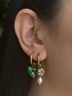 Gabi The Label EARRINGS Heart-shaped Green Flower Cloisonne Mismatched Hoops