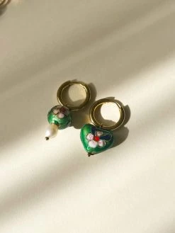 Gabi The Label EARRINGS Heart-shaped Green Flower Cloisonne Mismatched Hoops