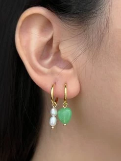 Gabi The Label Mismatched Stone Hoop Earrings - Green Jade/Pearls