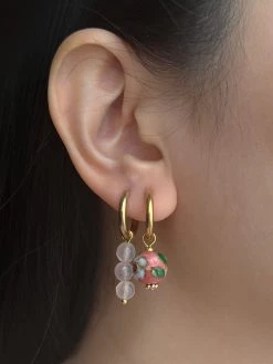 Gabi The Label Flower Cloisonne & Little Stone Mismatched Hoops - Pink EARRINGS