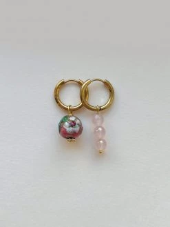 Gabi The Label Flower Cloisonne & Little Stone Mismatched Hoops - Pink EARRINGS
