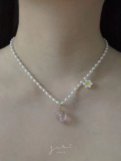 Gabi The Label Pearl Necklace With Strawberry & Flower Pendant
