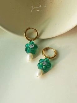 Gabi The Label Teal-Green Glass Flower & Pearl Hoop Earrings