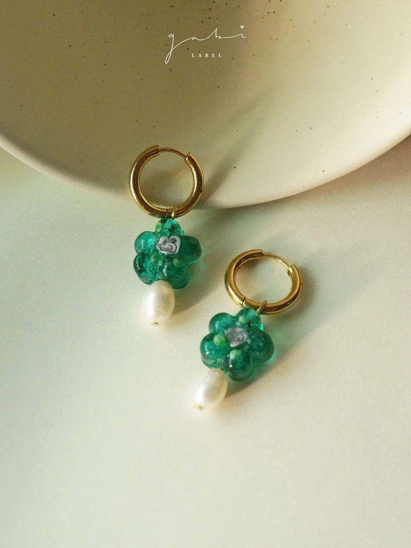 Gabi The Label Teal-Green Glass Flower & Pearl Hoop Earrings