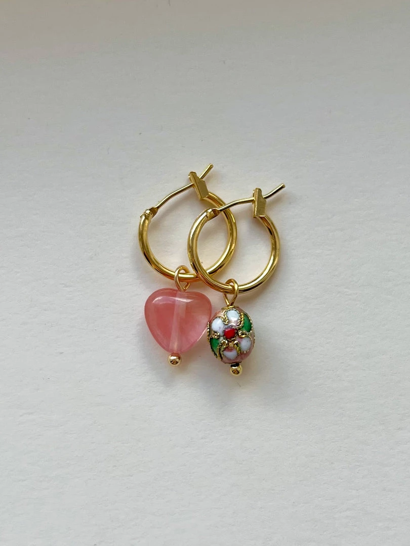Gabi The Label Mismatched Stone Hoop Earrings - Watermelon Pink/Cloisonne