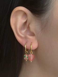 Gabi The Label Mismatched Stone Hoop Earrings - Watermelon Pink/Cloisonne
