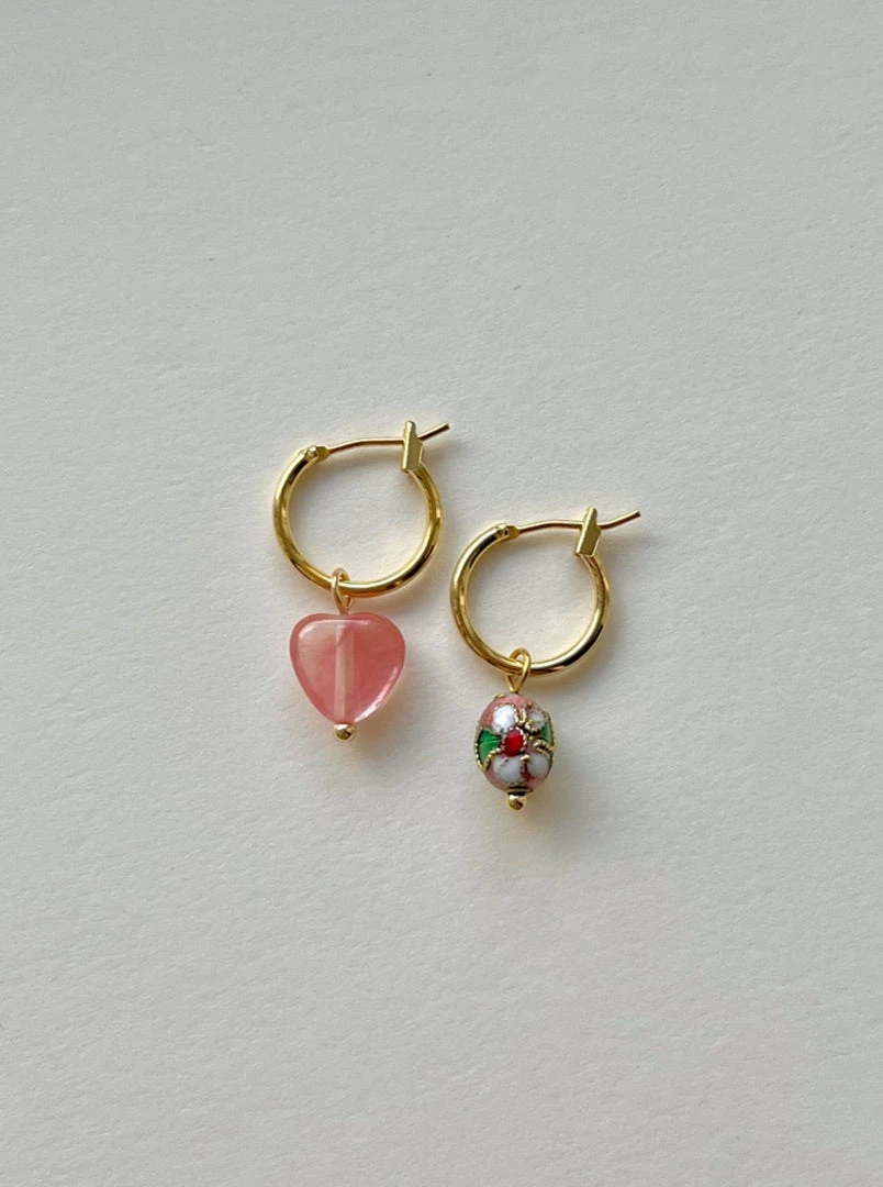 Gabi The Label Mismatched Stone Hoop Earrings - Watermelon Pink/Cloisonne