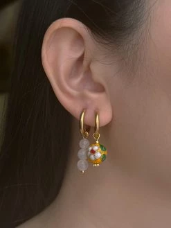 Gabi The Label EARRINGS Flower Cloisonne & Little Stone Mismatched Hoops - Yellow